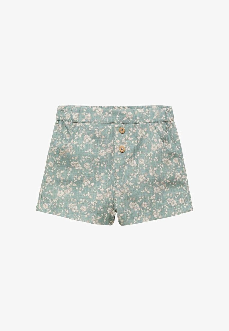 Floral shorts in light blue fabric with a textured finish. Features a button closure, two front pockets, and a delicate flower pattern.
