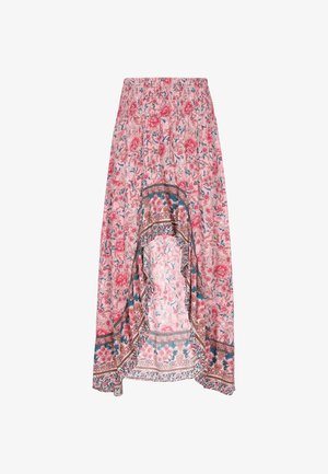 Kwiatowa spódnica maxi z różowego materiału z marszczonym pasem, z dołem z misternymi brązowymi i turkusowymi detalami. Lekka i zwiewna.