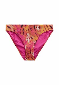 Bikini kelnaitės su ryškiu abstrakčiu raštu oranžinės, rožinės ir juodos spalvos priekyje, vienodai rožinės spalvos atvirkštėje, su vidutinio aukščio kirpimu.