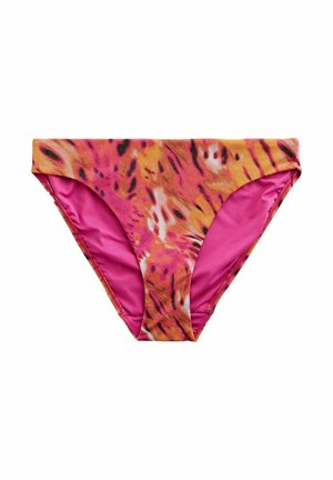 Bikiniunderdel med ett livligt abstrakt mönster i orange, rosa och svart på framsidan, en enfärgad rosa baksida, med en medelhög skärning.