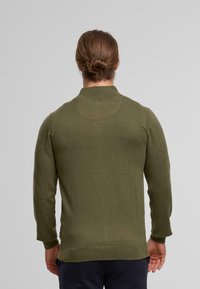 Pull-over vert olive avec col, manches longues et bords côtelés. Fabriqué en matériau doux, présentant un design de dos sans couture.