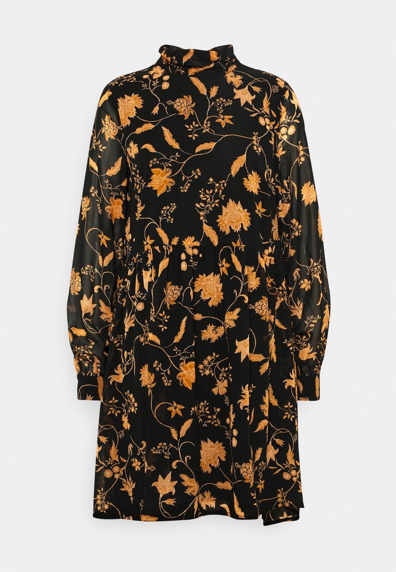 Robe noire à manches longues avec col montant et motif floral doré, coupe ample et détail froncé à la taille.