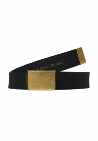 Black fabric belt with a rectangular gold metal buckle. The belt features a textured finish and a smooth surface on the buckle.