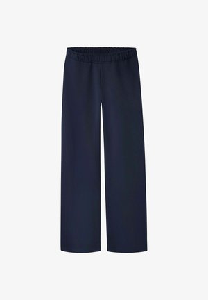 Pantalon large bleu marine avec taille élastique, en tissu lisse, présenté à plat sur un fond blanc.