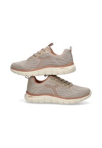 Zapatillas deportivas ligeras color beige con acentos en rosa, parte superior de malla para mayor transpirabilidad, patrón de zigzag y suela blanca acolchada.