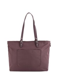 Lila Nylon-Einkauftasche mit langen Griffen, Reißverschluss und einer Vordertasche. Weiche Textur und minimales Zubehör mit silbernen Akzenten.