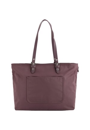Lila Nylon-Einkauftasche mit langen Griffen, Reißverschluss und einer Vordertasche. Weiche Textur und minimales Zubehör mit silbernen Akzenten.