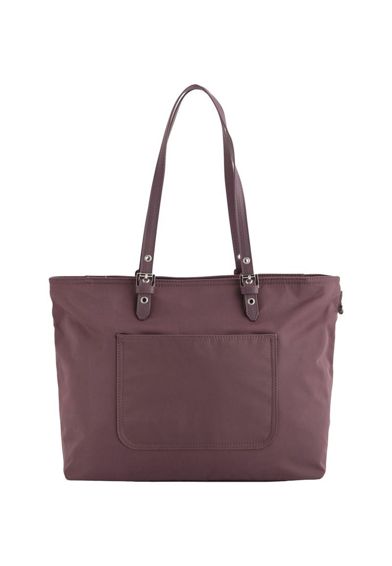 Lila Nylon-Einkauftasche mit langen Griffen, Reißverschluss und einer Vordertasche. Weiche Textur und minimales Zubehör mit silbernen Akzenten.