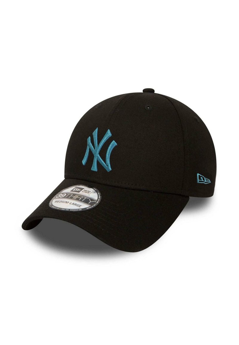 Black baseball cap with a curved brim, featuring a prominent aqua blue embroidered logo on the front and a small blue accent on the side.
