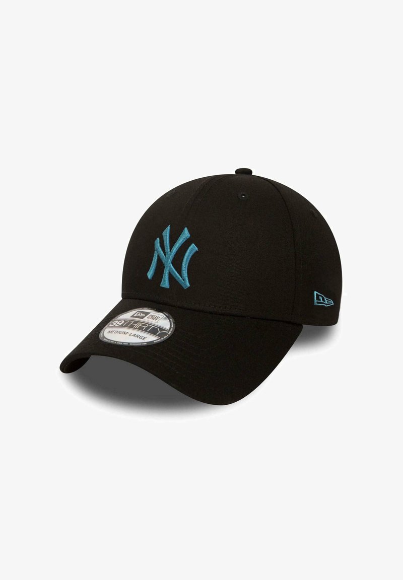 Black baseball cap with a curved brim, featuring a prominent aqua blue embroidered logo on the front and a small blue accent on the side.