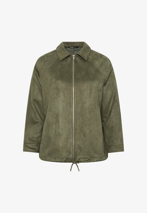 Veste en daim vert olive avec fermeture éclair intégrale à l'avant, col, manches longues et cordon ajustable à l'ourlet.