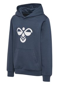 Felpa con cappuccio blu navy, dotata di tasca a marsupio frontale e logo geometrico astratto bianco centrato sul petto.