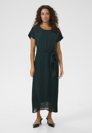 Dark green pleated midi dress with short sleeves, a crew neckline, and a tied waist. Smooth texture with a flowing silhouette.