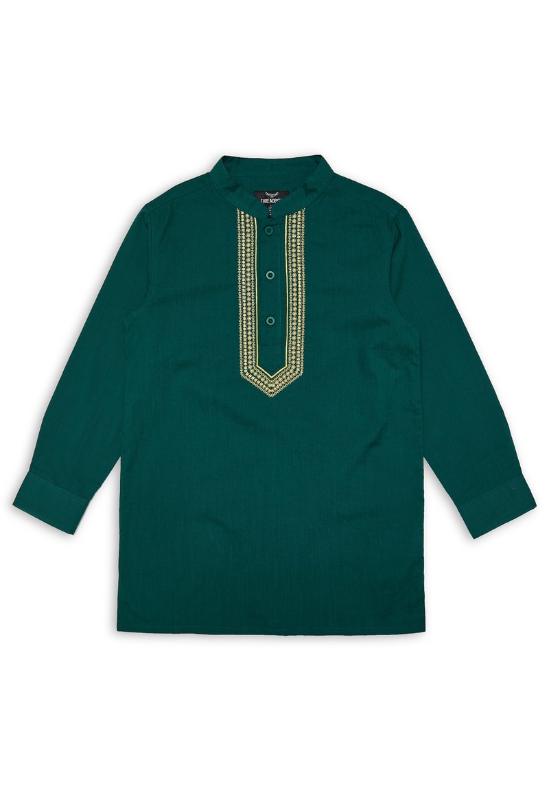 Camicia teal a maniche lunghe, con collo e dettagli di ricamo dorato lungo la parte anteriore. Presenta una chiusura a tre bottoni sul collo.