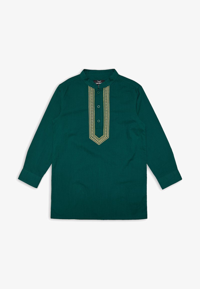 Teal shirt met lange mouwen, kraag halslijn en gouden borduurdetails aan de voorkant. Voorzien van een sluiting met drie knopen bij de hals.