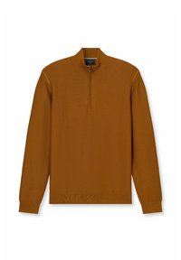 Brauner, gerippter Strickpullover mit einem Viertel-Reißverschluss-Ausschnitt. Verfügt über lange Ärmel und einen taillierten Saum. Weiche Stofftextur.