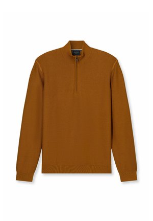 Brauner, gerippter Strickpullover mit einem Viertel-Reißverschluss-Ausschnitt. Verfügt über lange Ärmel und einen taillierten Saum. Weiche Stofftextur.