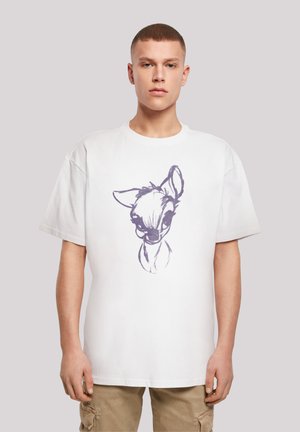 White cotton t-shirt featuring a purple sketch of a deer on the front. Short sleeves, round neck, relaxed fit.