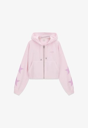 Jasnoróżowa krótka bluza z kapturem na zamek, z kapturem, przednimi kieszeniami i fioletowymi gwiazdami na obu rękawach.
