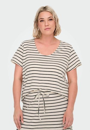 Gestreiftes beige und schwarzes T-Shirt mit kurzen Ärmeln, einem runden Ausschnitt und einem lässigen Schnitt, kombiniert mit einem passenden Rock mit Kordelzugbund.