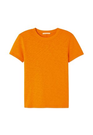 T-shirt a maniche corte di un vivace arancione, realizzato in un tessuto morbido con una trama liscia. Presenta un classico colletto alla marinara e nessun motivo.