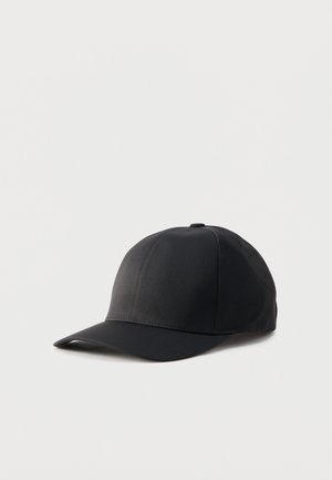 Black baseball cap with a curved brim, six-panel design, and top button, shown on a plain light background.