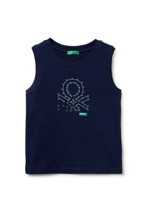Granatowa koszulka bez rękawów z neonowo zielonym geometrycznym wzorem łączącym kropki oraz małą metką „United Colors of Benetton” pod kołnierzem.