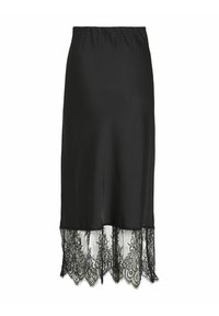 Jupe en satin noir avec une ceinture ajustée et un ourlet en dentelle, présentant des motifs floraux élaborés en bas pour plus de détail.