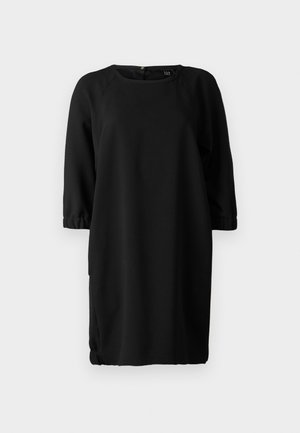 Schwarzes Kleid mit rundem Ausschnitt, Dreiviertelärmeln und elastischen Manschetten. Aus glattem Stoff mit lockerer Passform gefertigt. Verfügt über Seitentaschen.