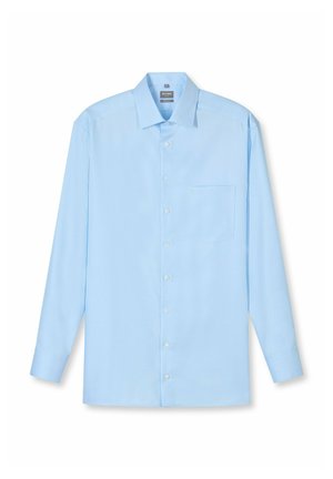 Himmelblauses Langarm-Hemd aus glattem Stoff. Verfügt über einen spitzen Kragen, eine einzelne Brusttasche und eine Frontknopfverschluss.