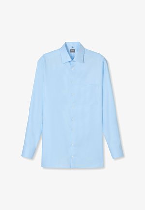 Himmelblauses Langarm-Hemd aus glattem Stoff. Verfügt über einen spitzen Kragen, eine einzelne Brusttasche und eine Frontknopfverschluss.