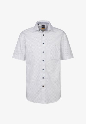 Camicia a maniche corte, con bottoni, in tessuto bianco con un delicato motivo a pois blu navy. Caratterizzata da un colletto classico e una tasca sul lato sinistro del petto.