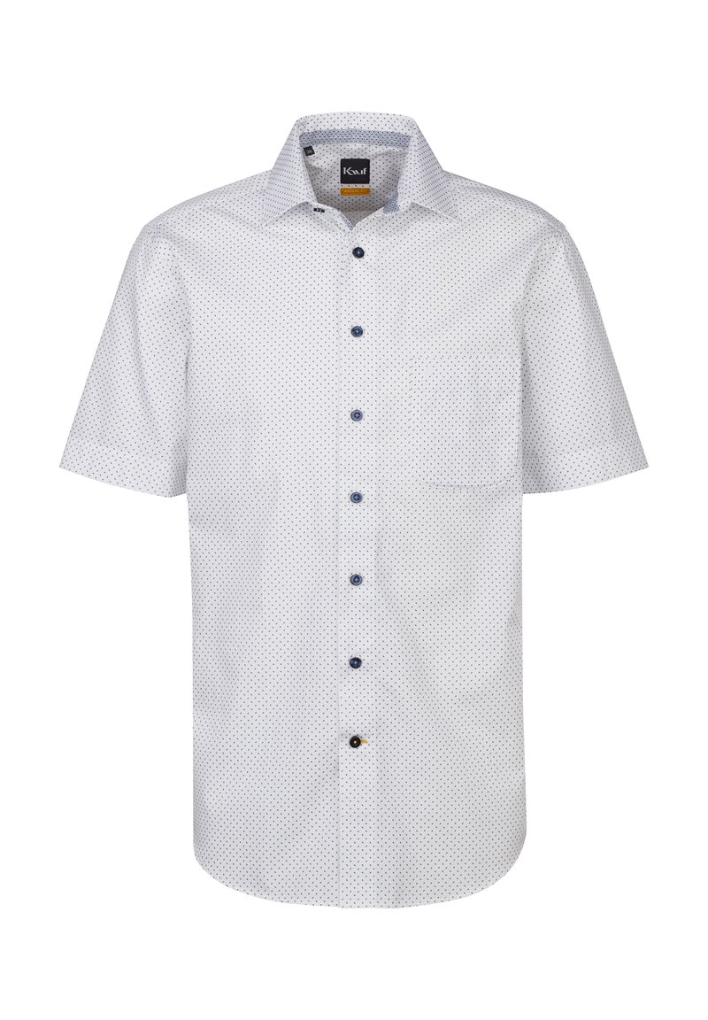 Camicia a maniche corte, con bottoni, in tessuto bianco con un delicato motivo a pois blu navy. Caratterizzata da un colletto classico e una tasca sul lato sinistro del petto.