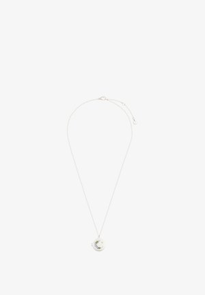 Silver chain necklace featuring a round pendant with painted floral details and a textured surface, secured with a lobster clasp.