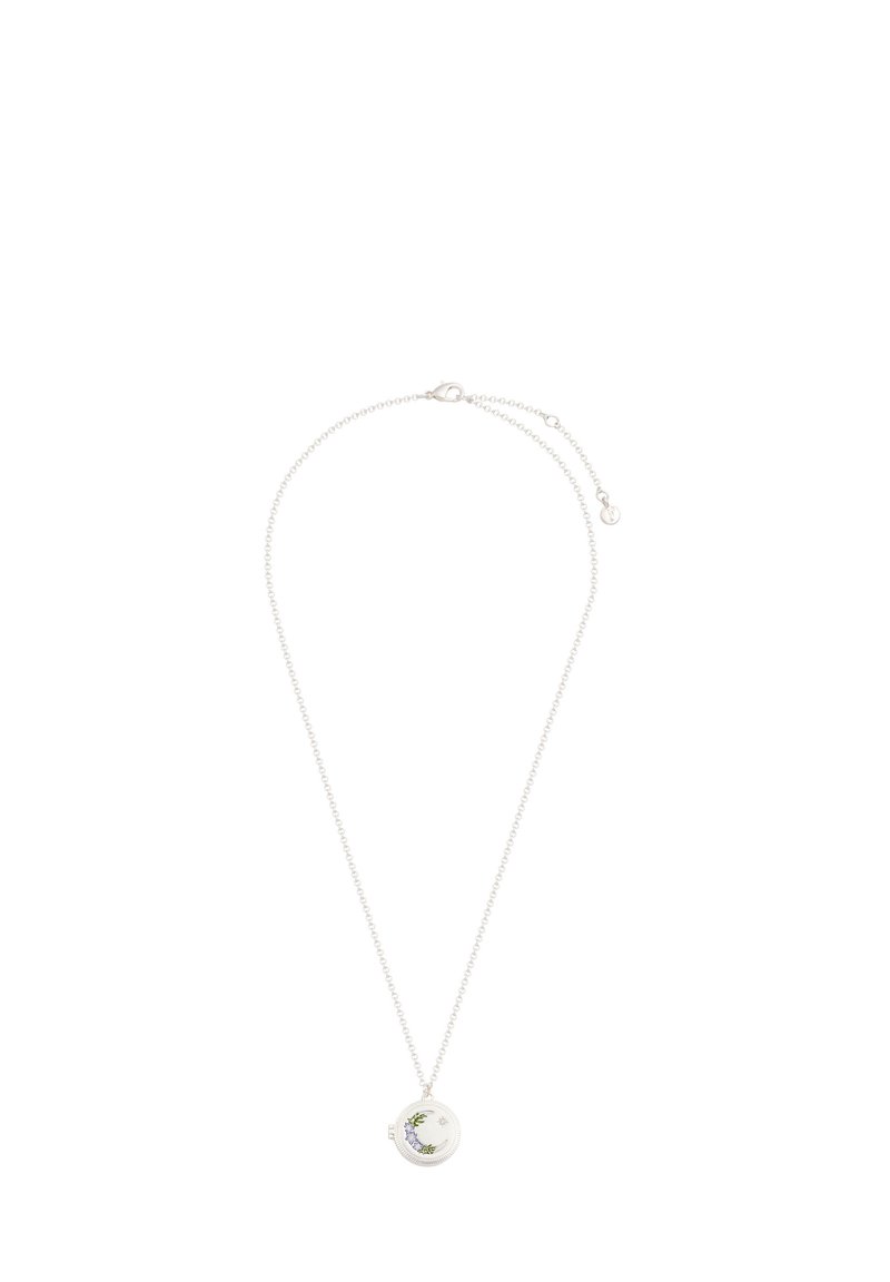 Collana in argento con ciondolo rotondo impreziosito da dettagli floreali dipinti e una superficie testurizzata, chiusa con un gancio a moschettone.