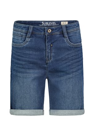 Blue denim shorts with a rolled hem, featuring a button and zipper closure, five-pocket design, and subtle fading on the fabric.