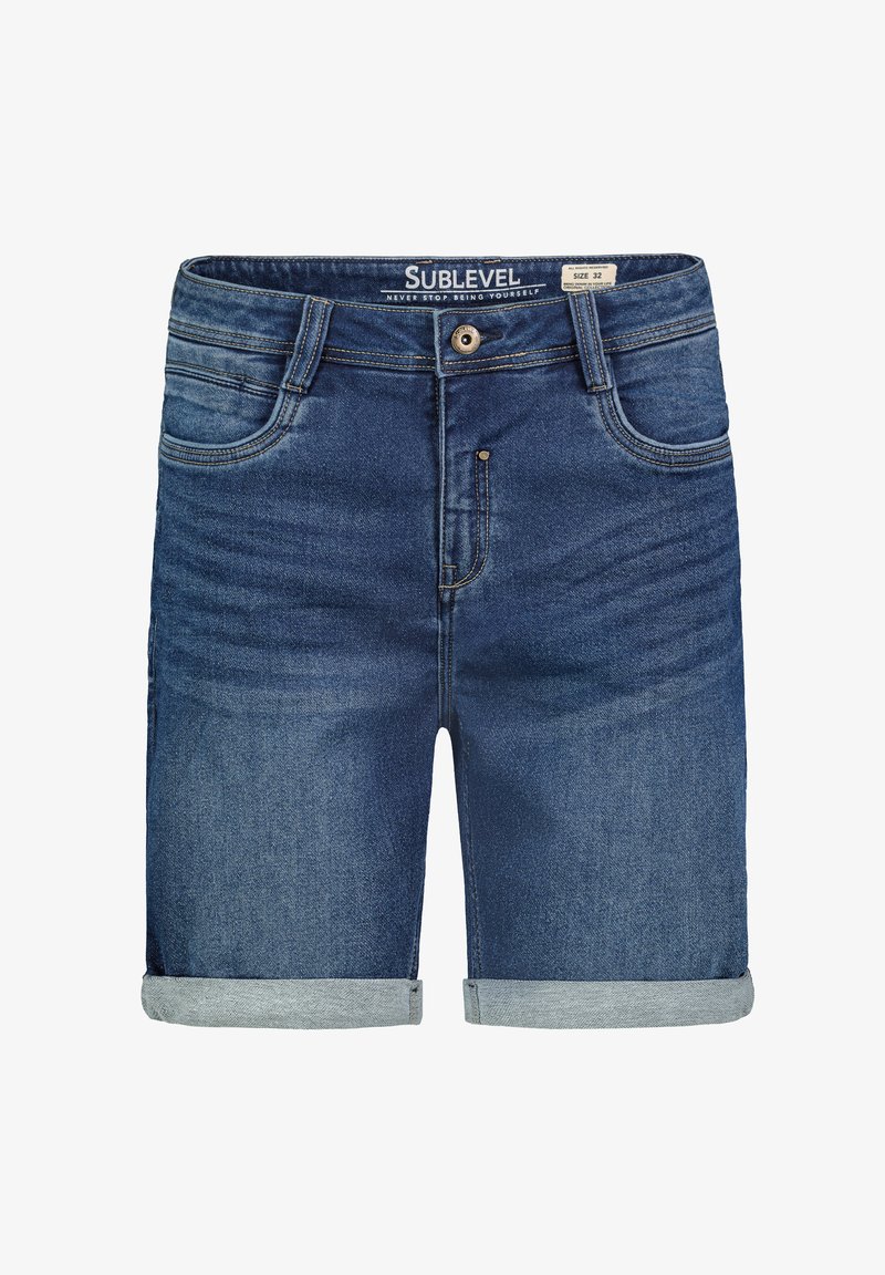 Blaue Denim-Shorts mit umgeschlagenem Saum, ausgestattet mit einem Knopf- und Reißverschluss, einem Fünf-Taschen-Design und subtiler Ausbleichung des Stoffes.