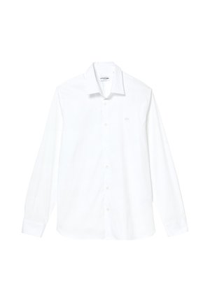 White long-sleeve shirt with a button-down collar, made of lightweight fabric. Features a small, tonal logo on the left chest.