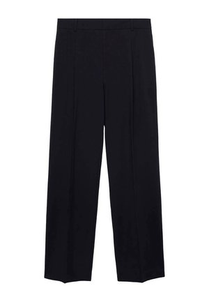 Black wide-leg trousers featuring a smooth fabric, two front pleats, a waistband, and a straight cut with no visible adornments.