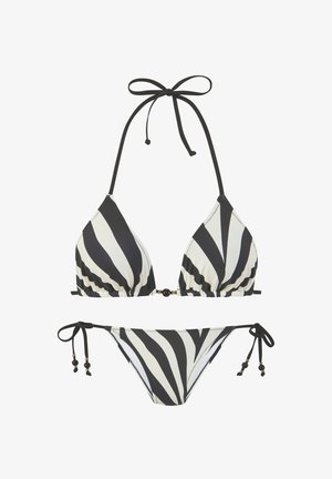 Bikini-Set mit schwarz-weiß gestreiftem Muster. Das Oberteil hat dreieckige Cups und Nackenbindebänder; das Unterteil hat seitliche Bindebänder mit Perlenakzenten.