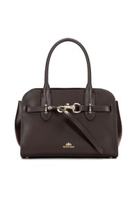 Brązowa skórzana torebka na ramię z dwoma górnymi uchwytami, złotymi akcentami, zapięciem oraz bocznymi detalami. Ma gładką fakturę i usztywniony kształt.