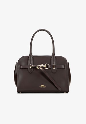 Braune Lederhandtasche mit zwei oberen Tragegriffen, goldfarbenen Beschlägen, einem Verschluss und seitlichen Details. Verfügt über eine glatte Textur und eine strukturierte Form.