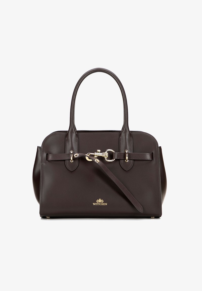 Brązowa skórzana torebka na ramię z dwoma górnymi uchwytami, złotymi akcentami, zapięciem oraz bocznymi detalami. Ma gładką fakturę i usztywniony kształt.