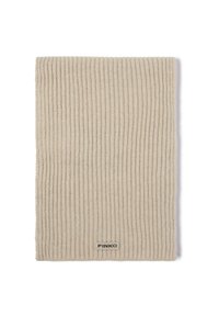 Sciarpa in maglia a coste beige realizzata in materiale morbido con un'etichetta che riporta la scritta "PINKO" in nero. Forma rettangolare con superficie testurizzata.