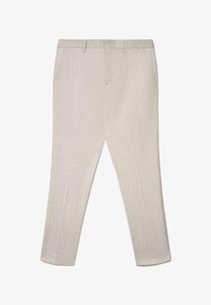 Hellbeige maßgeschneiderte Hose mit dezentem weißem Karomuster, Gürtelschlaufen und seitlichen Vordertaschen, flach auf weißem Hintergrund liegend.