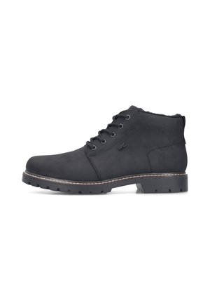 Black leather lace-up ankle boot with rugged sole and stitching detail, viewed from the side on a white background.