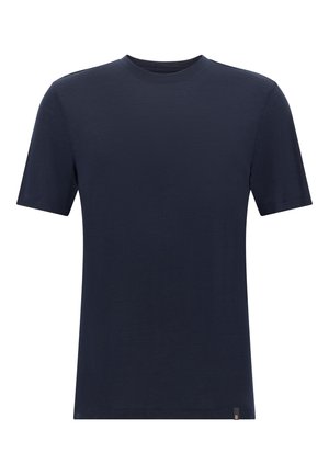 Camiseta de manga corta de color azul marino fabricada en tejido suave con cuello redondo, presenta una pequeña etiqueta de marca en el dobladillo. Diseño simple, sin estampados.