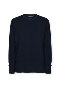 Pullover in maglina blu navy a maniche lunghe con scollatura rotonda e dettagli con bottoni sui polsini. Tessuto morbido e design dalla vestibilità rilassata.