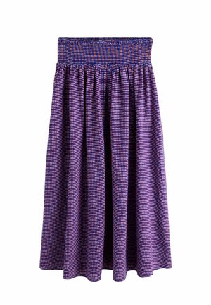 Lila-rot karierten Midirock mit breitem, elastischem, gerafftem Bund und einem gesammelten, fließenden Schnitt.