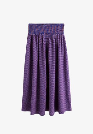 Purple and red checkered midi skirt with a wide, elastic smocked waistband and a gathered, flowing silhouette.